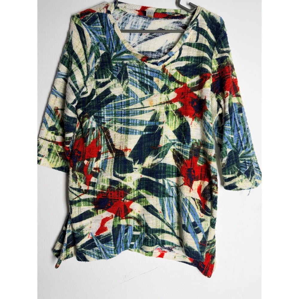 Thomas & Olivia Tropical Palm Leaf Floral V-Neck Knit Top 3/4 Sleeve Large - Picture 2 of 11